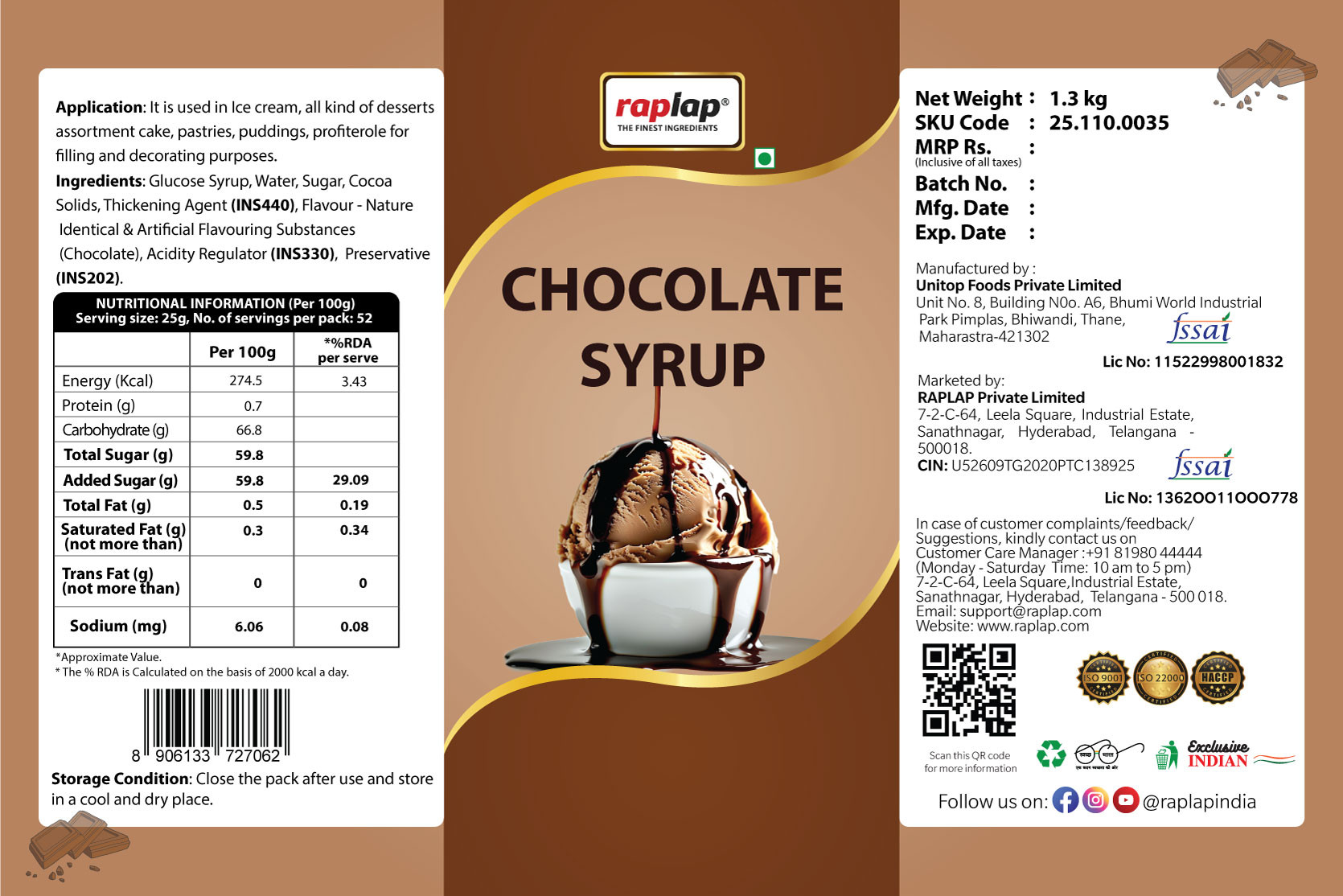 Raplap BV Chocolate Syrup 13Kg