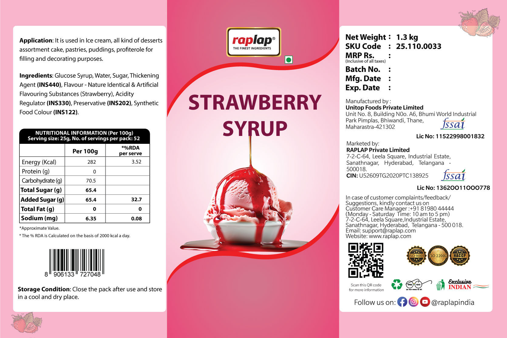 Raplap BV Strawberry Syrup 13Kg