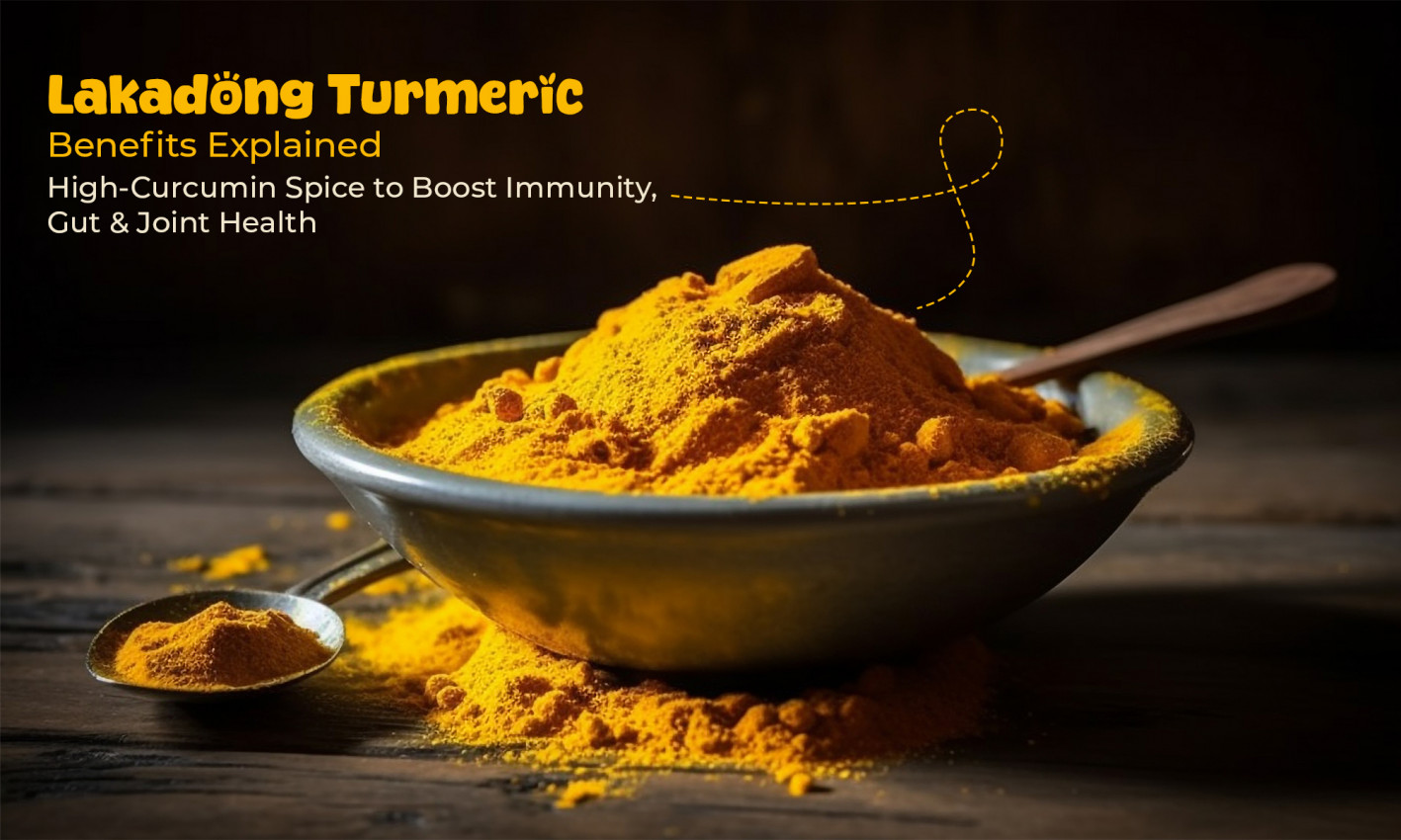 Lakadong Turmeric powder in a bowl with a spoon, highlighting its high-curcumin content and benefits for immunity, gut, and joint health.