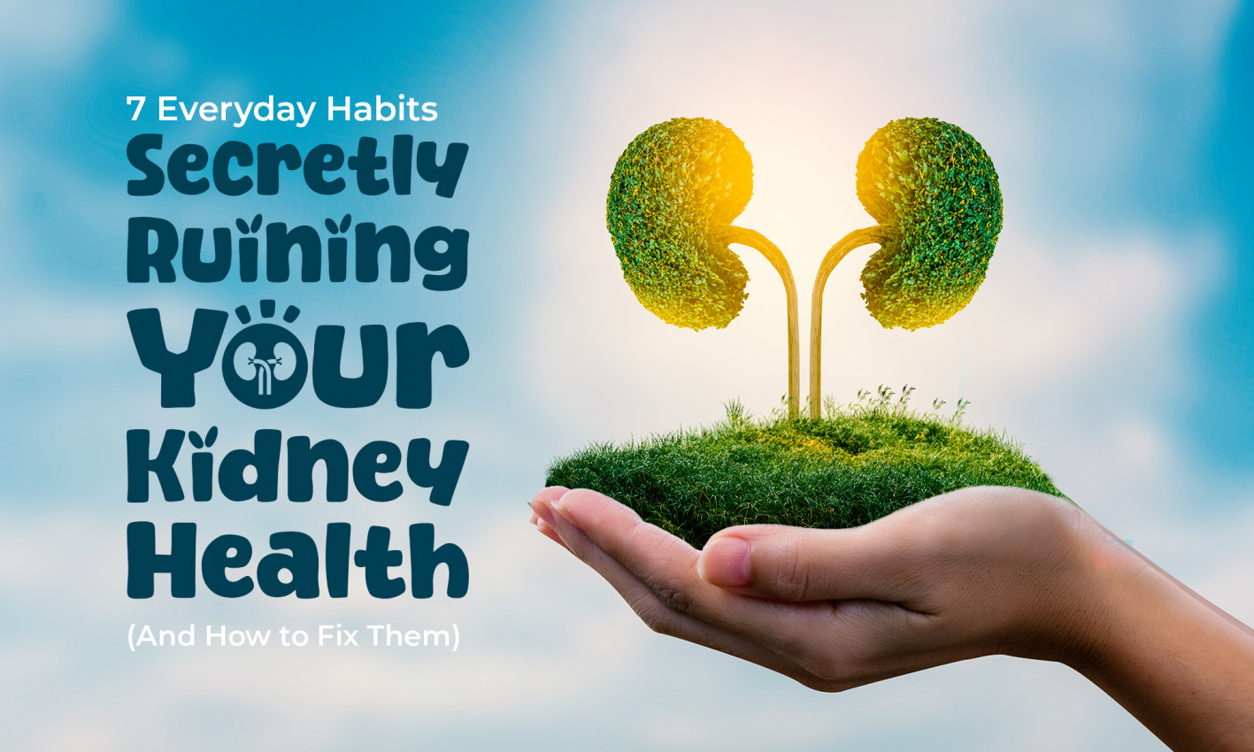 Hand holding a small grassy patch with kidney-shaped trees growing on it, symbolizing kidney health, alongside text highlighting 7 everyday habits secretly ruining kidney health and how to fix them.