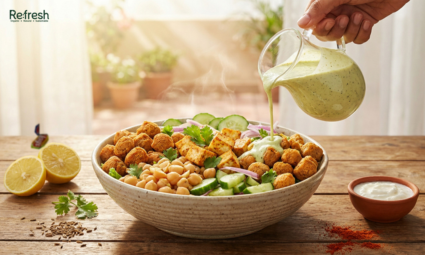 High-protein summer salad with chickpeas, paneer, cucumber, sprouts, and creamy herb dressing served in a healthy vegetarian meal bowl.