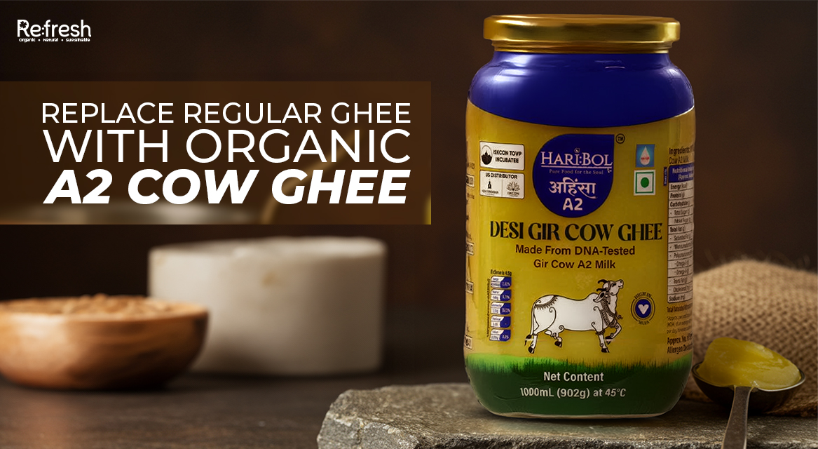 Jar of Organic A2 Cow Ghee of HariBol brand on kitchen counter