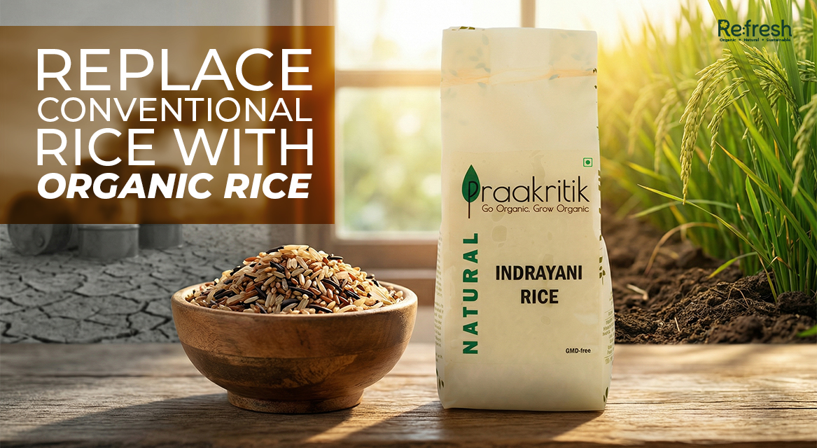 Bowl filled with uncooked organic white rice alongside a Praakritik brand organic rice pouch.