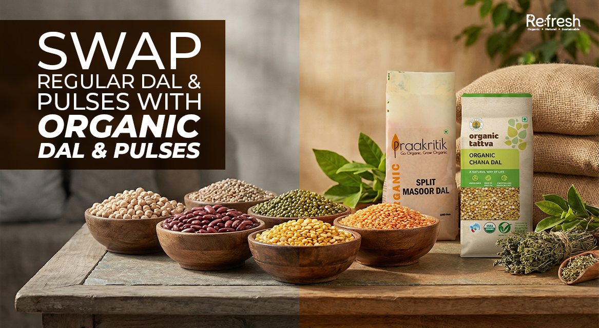 Various colorful organic pulses and lentils alongside organic tattva and praakritik pulses