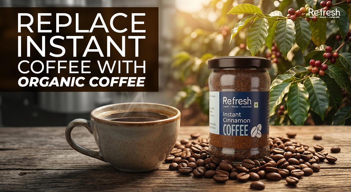 Roasted organic coffee beans and cup alongside Refresh Cinnamon Coffee Jar