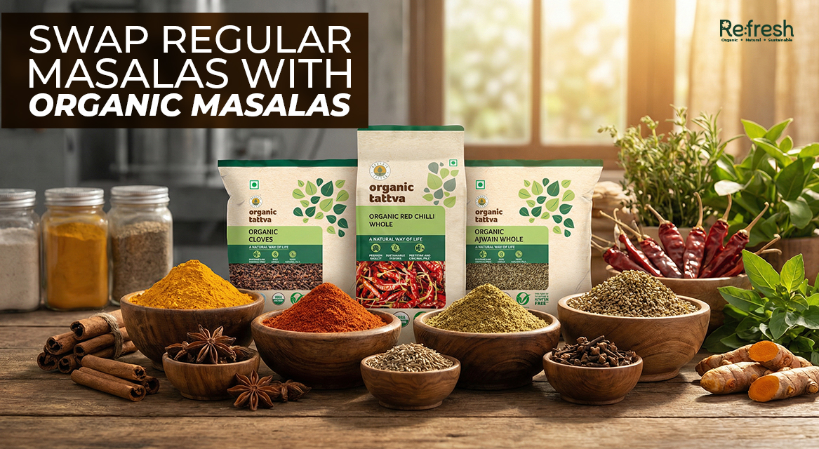 Bowls of vibrant organic spices and masalas