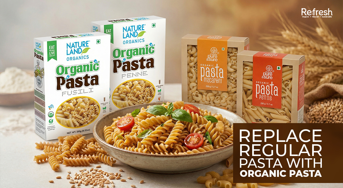 Raw organic pasta shapes on surface