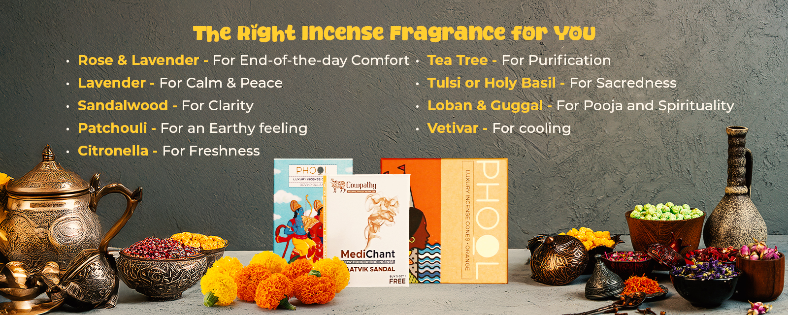 A guide titled 'The Right Incense Fragrance for You' listing various incense types like Rose & Lavender for comfort, Sandalwood for clarity, Patchouli for earthiness, Citronella for freshness, Tea Tree for purification, Tulsi for sacredness, Loban & Guggal for spirituality, and Vetiver for cooling. The image also displays incense products like Phool Luxury Incense Cones and decorative elements including incense holders and bowls of flowers.