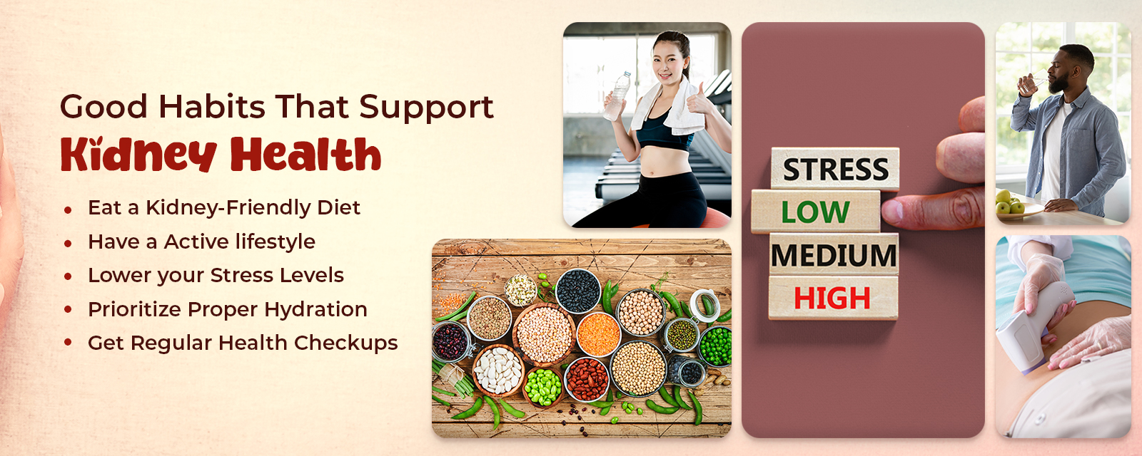 Good habits that support kidney health including eating a kidney-friendly diet, maintaining an active lifestyle, lowering stress levels, proper hydration, and regular health checkups, accompanied by images of healthy foods, hydration, stress management, and medical checkups.