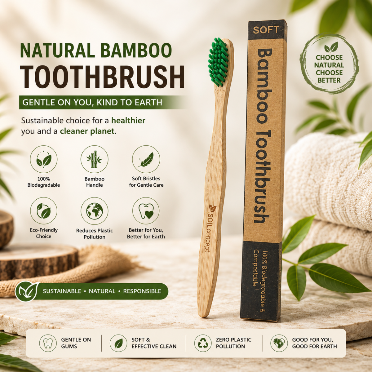 Natural Eco-Friendly Bamboo Toothbrush Handle Assembly