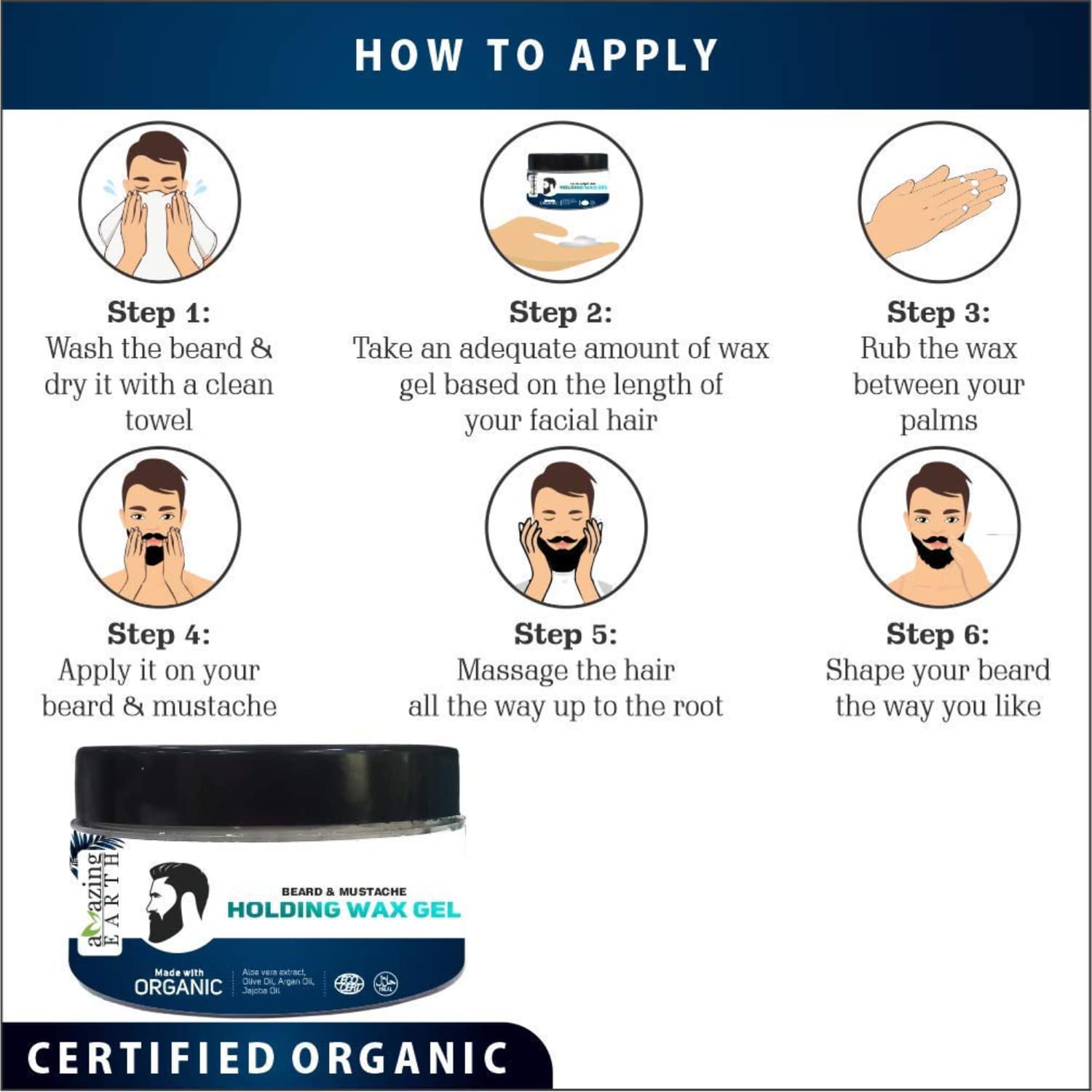 AMAzing EARTH Organic Beard Mustache Wax Gel - Strong Hold Chemical-Free 50gm