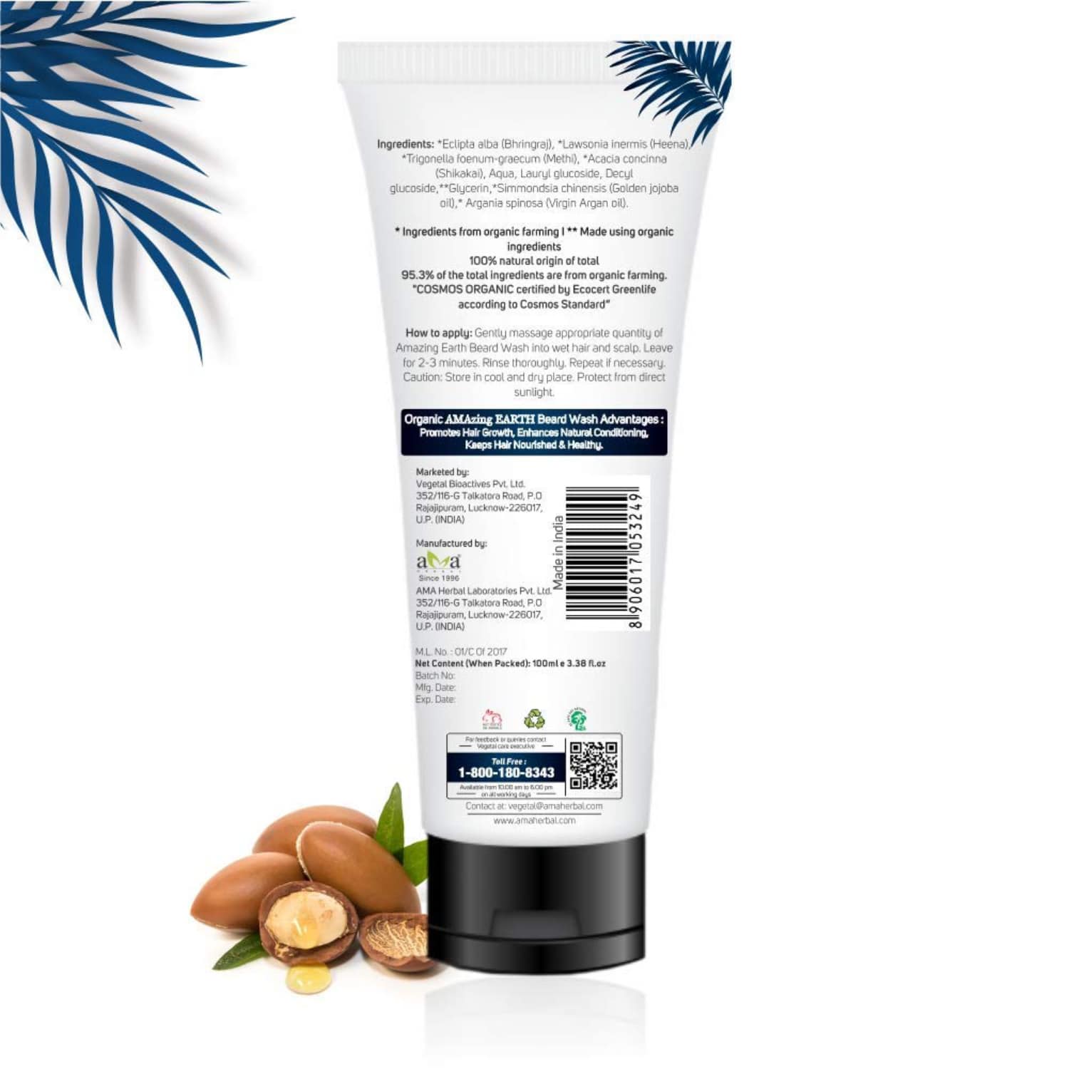 Amazing Earth Beard Wash 2 In 1 Shampoo Conditioner for Men 100ml Certified Organic Nourish Healthy Hair