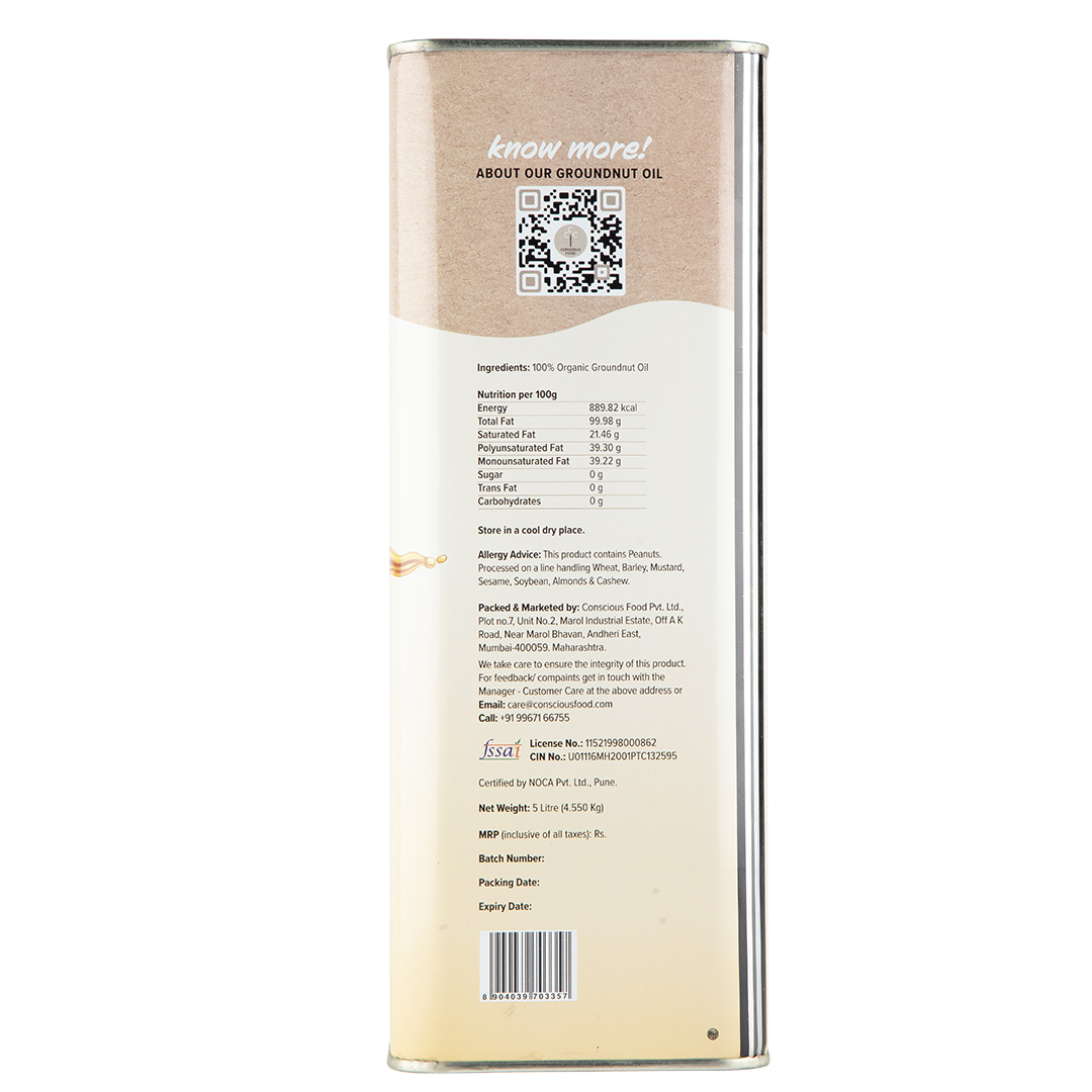 Conscious Food Cold Pressed Groundnut Oil - 5 Ltr