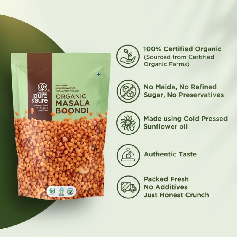 Organic boondi pack close-up  no artificial colours or preservatives