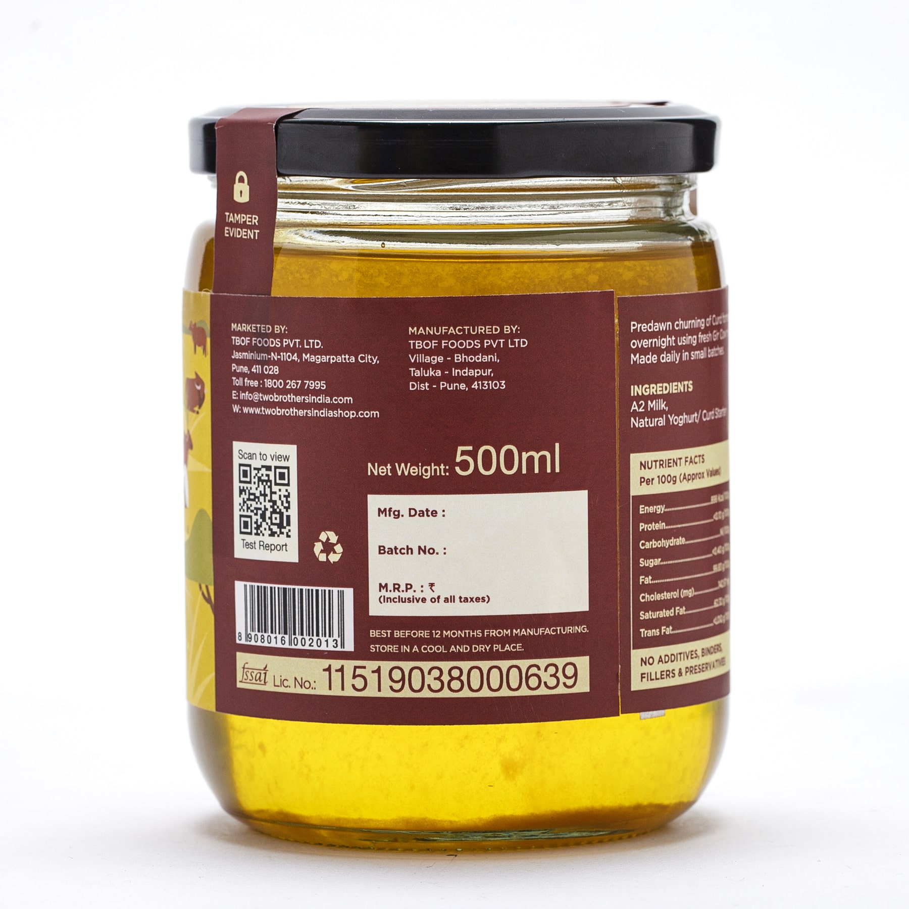 Two Brothers A2 Cultured Cow Ghee 500 ml Desi Gir Cow Bilona Ghee