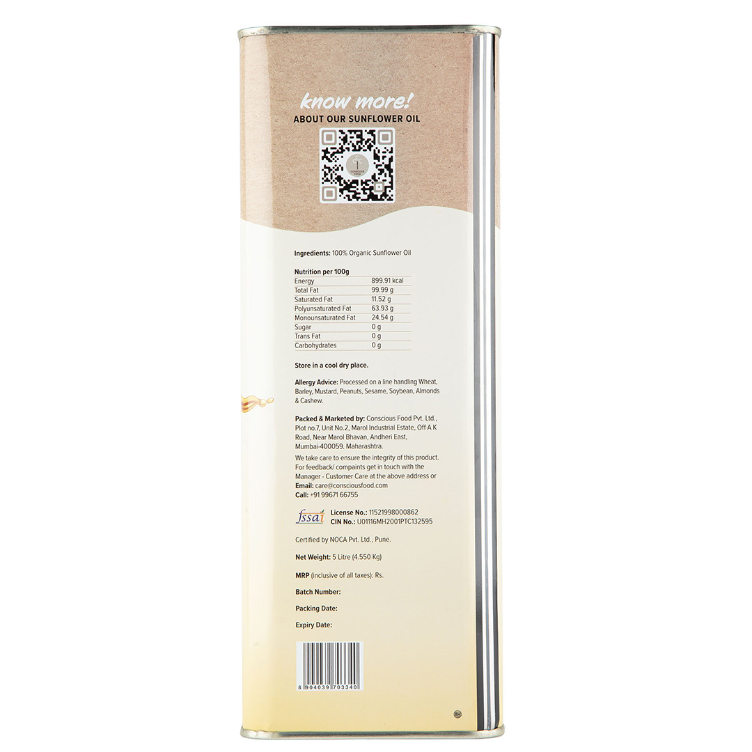 Conscious Food Cold Pressed Sunflower Oil - 5 Ltr