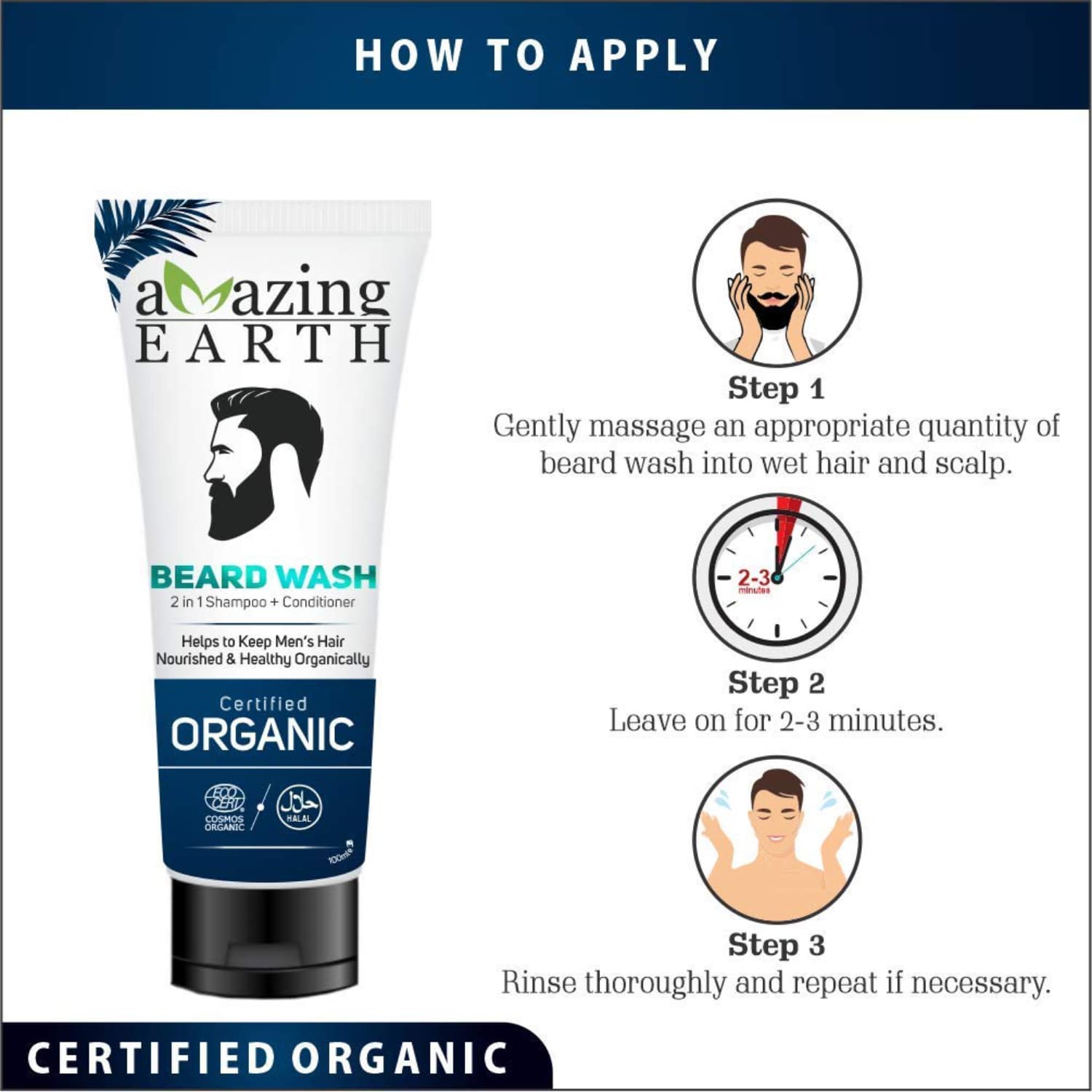 Amazing Earth Beard Wash 2 In 1 Shampoo Conditioner for Men 100ml Certified Organic Nourish Healthy Hair