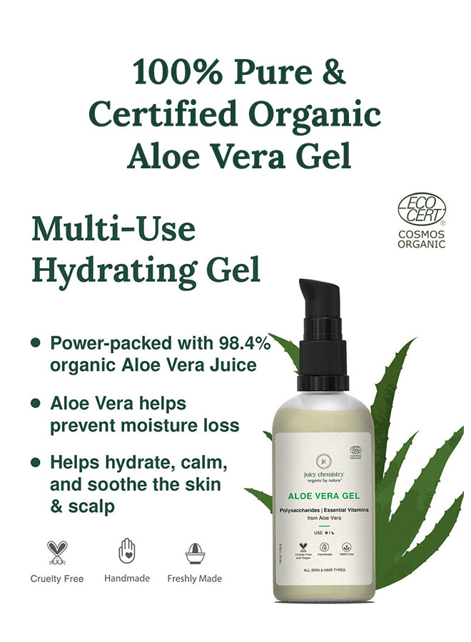 Juicy Chemistry Organic Aloe Vera Gel 100ml Multi-purpose Non-sticky Vegan Hydrating