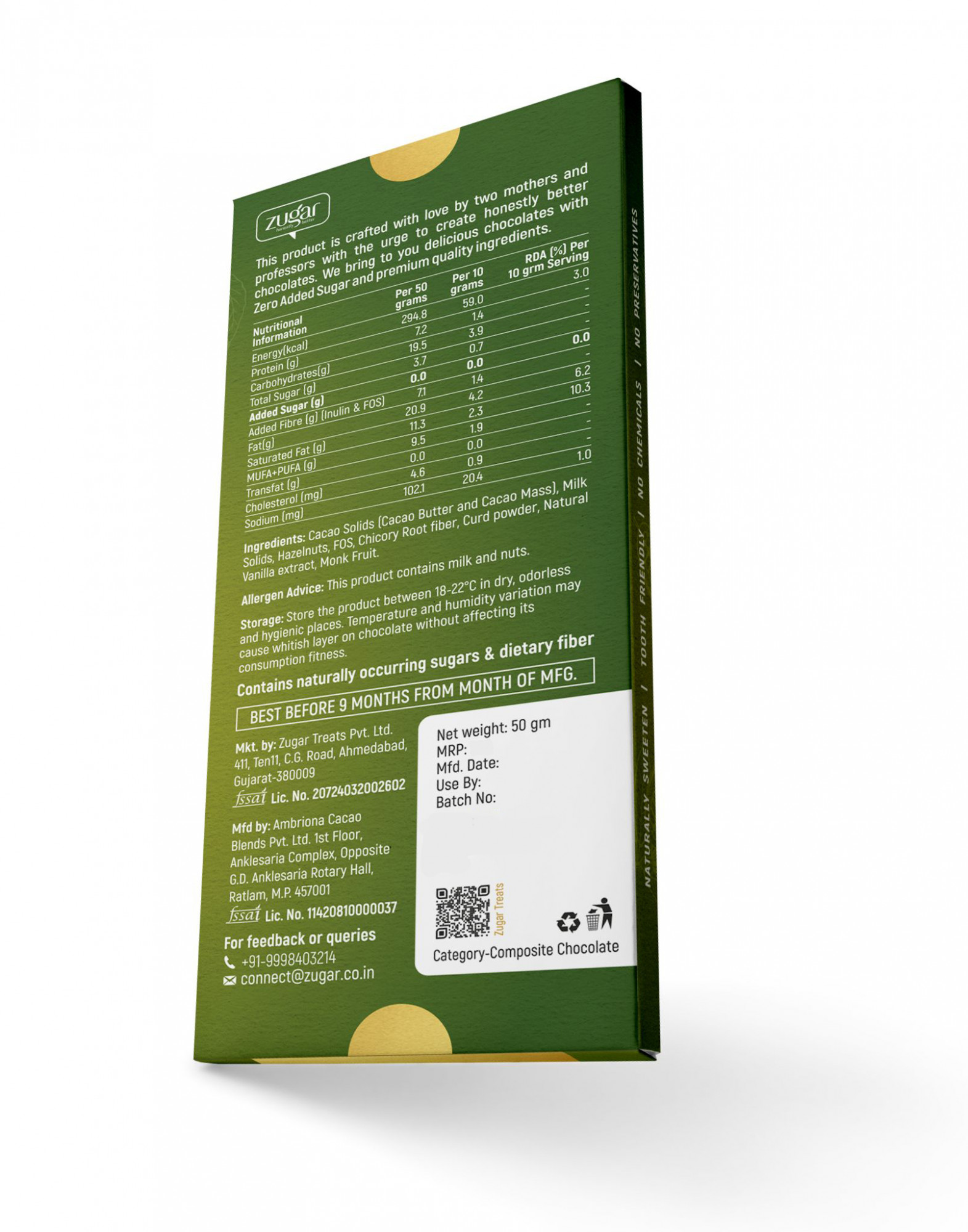 Zugar 49 Hazelnut Dark Chocolate 50g Zero Added Sugar Tooth-friendly