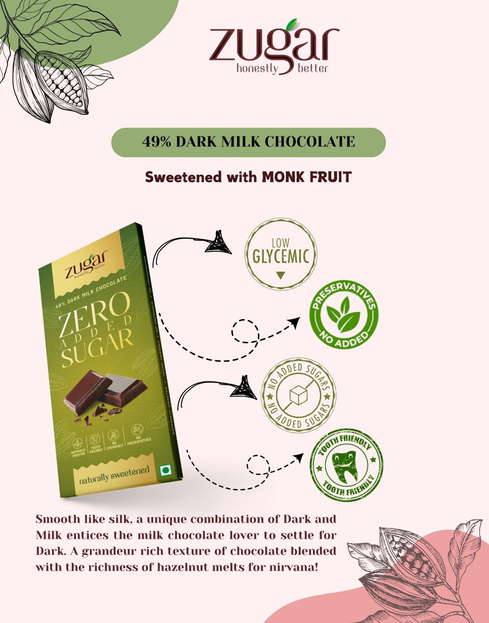 Zugar 49 Hazelnut Dark Chocolate 50g Zero Added Sugar Tooth-friendly