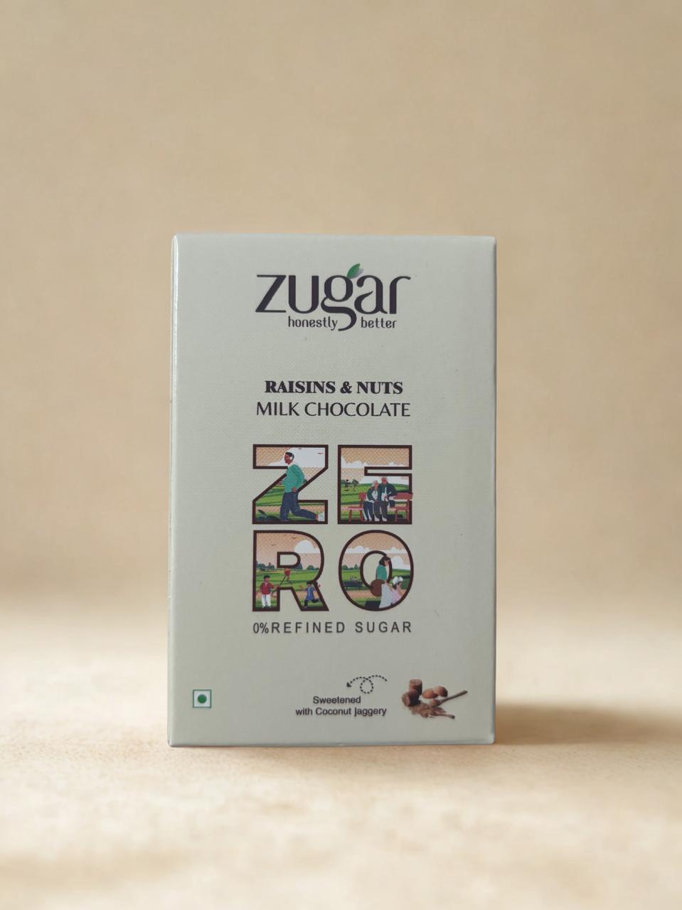 Front view of Zugar Raisins  Nuts Milk Chocolate showing ZERO refined sugar claim and sweetened with coconut jaggery on a minimal beige background