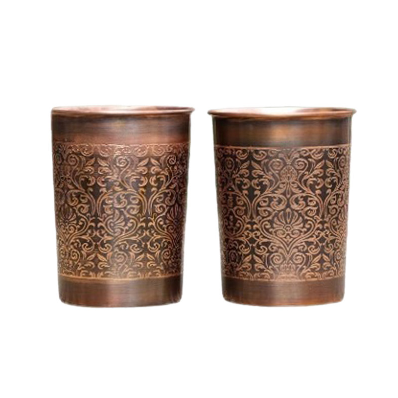 Copper Antique Embossed Drinking Glass Set of 2 Pure Tamba Ayurvedic Glass