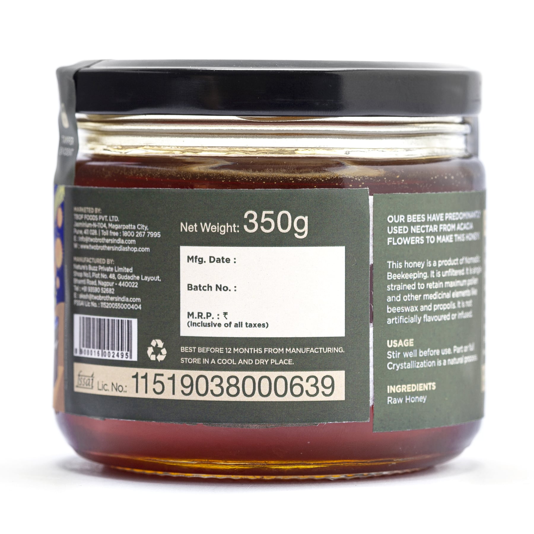 Two Brothers Acacia Honey Raw Mono-Floral Unfiltered350g