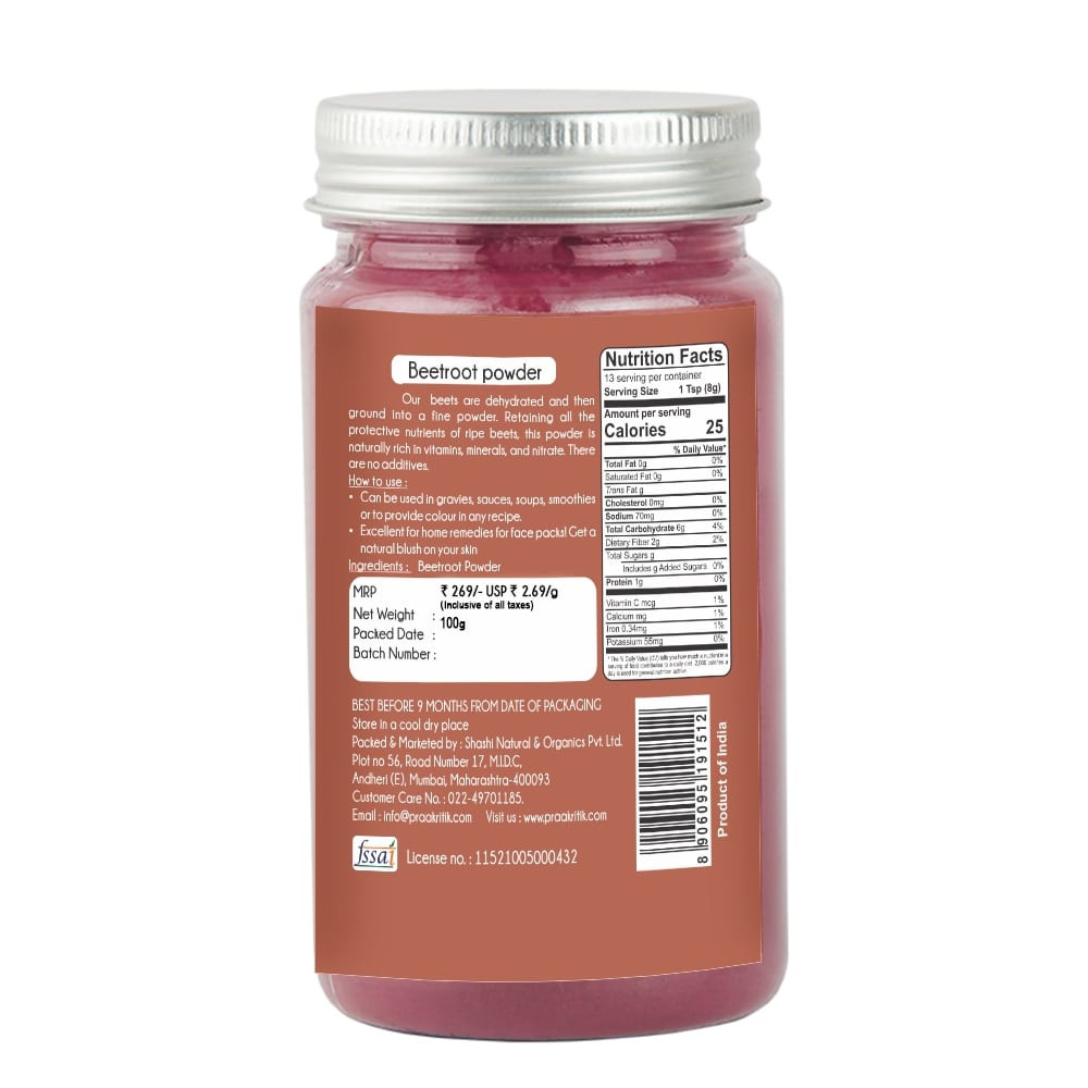 Praakritik Natural Beetroot Powder 100g Dehydrated Beetroot Powder Antioxidant Superfood 100Gm