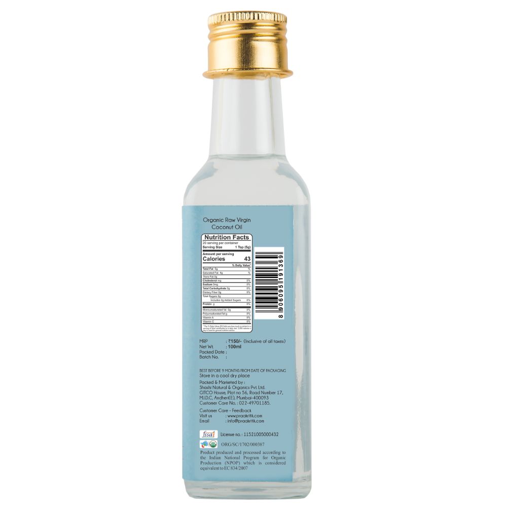 Praakritik Organic EV Cold Pressed Coconut Oil 100ml Skin Digestion Oral Health