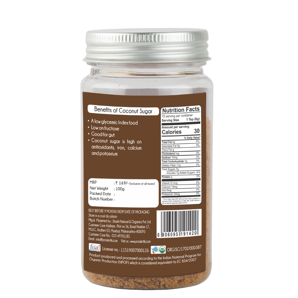 Praakritik Coconut Sugar Organic Coconut Palm Sugar with No Preservatives - Healthy Natural Unrefined Pure Sugar - Palm Sugar for Baking 100Gm