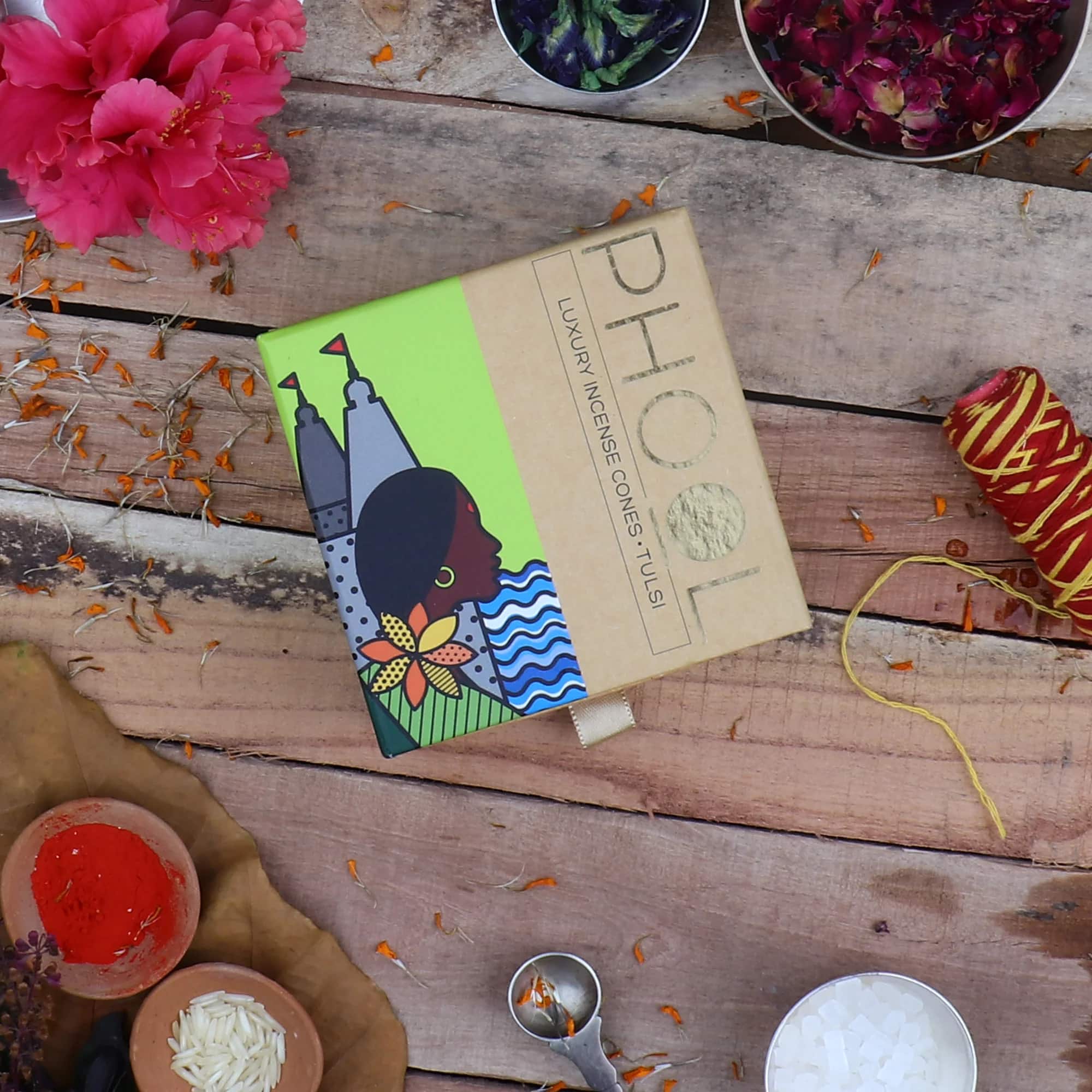 Phool Natural Incense Cones Rejuvenating Tulsi 30-35 Min Burn 40 Long-Lasting Cones with Traditional Indian Fragrance Handcrafted in India