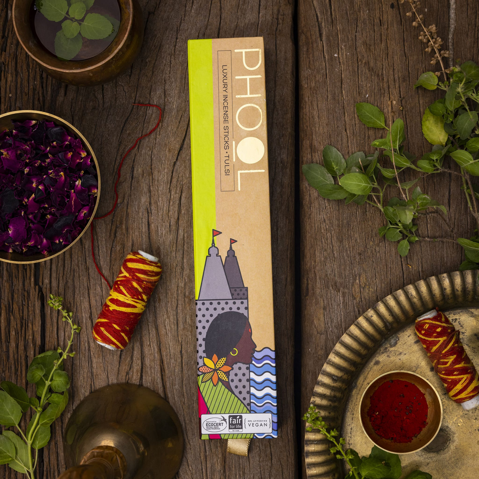 Phool Tulsi Incense Sticks  Uplifting  Long Burning 40 Min  Handcrafted with Sacred Temple Flowers  Pure Essential Oils  40 Sticks