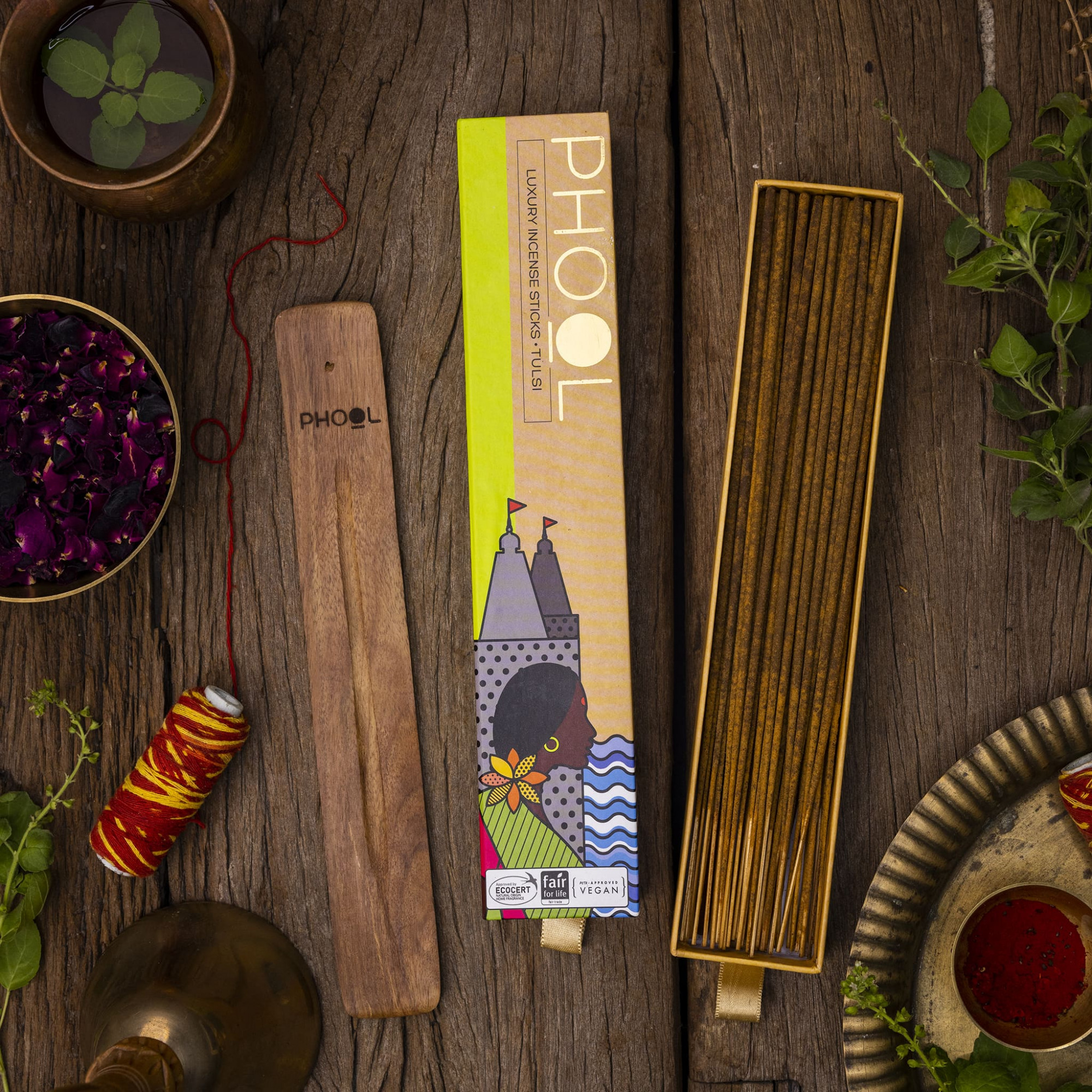 Phool Tulsi Incense Sticks Uplifting Long Burning 40 Min Handcrafted with Sacred Temple Flowers Pure Essential Oils 40 Sticks