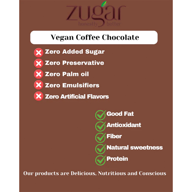 Zugar Dark Vegan Chocolate Coffee 20g Coconut Jaggery Zero Refined Sugar
