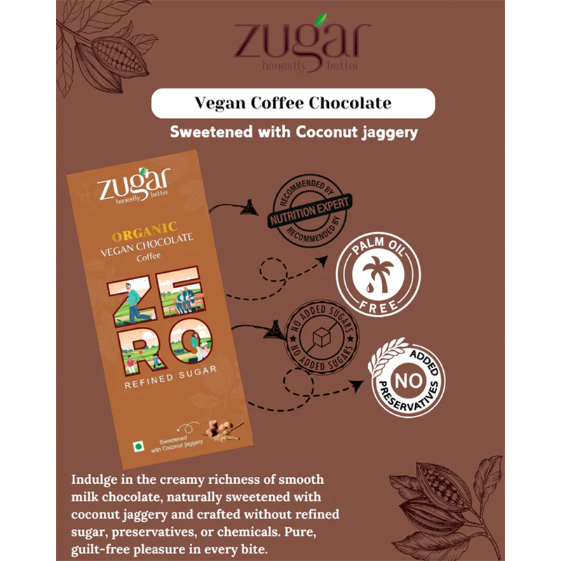 Zugar Dark Vegan Chocolate Coffee 20g Coconut Jaggery Zero Refined Sugar
