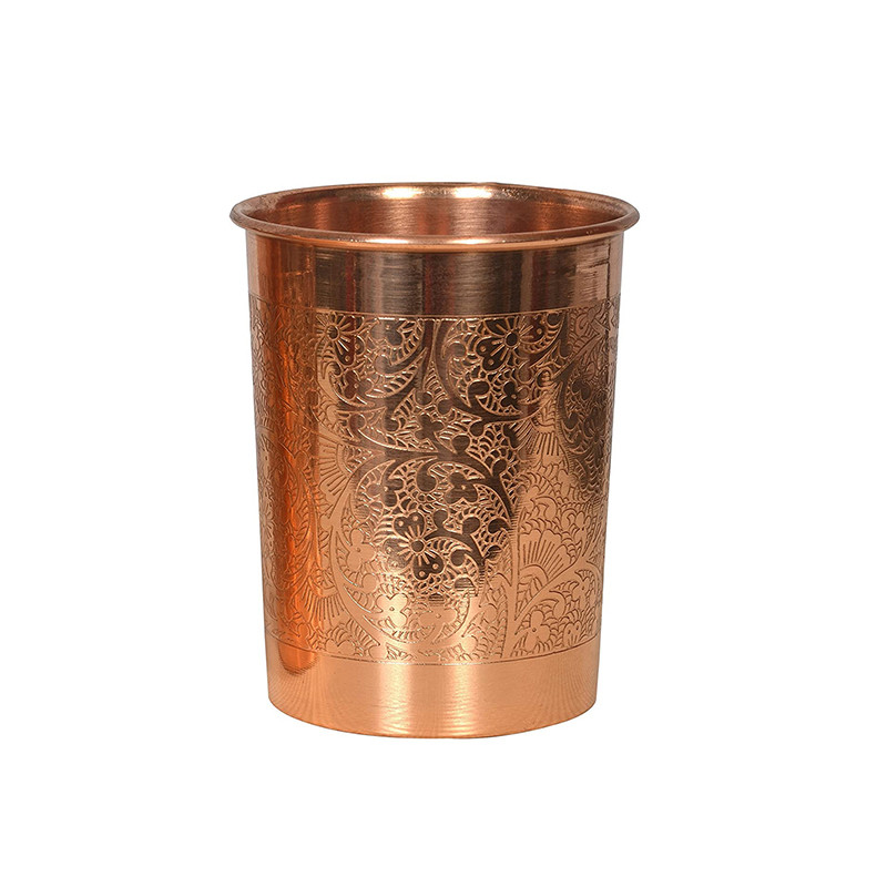 Copper Embossed Glass - Pack of 2 300ml Ayurvedic Health Benefits With Anti Oxidant Properities Boosts Immunity Digestion Tamba Glass Set