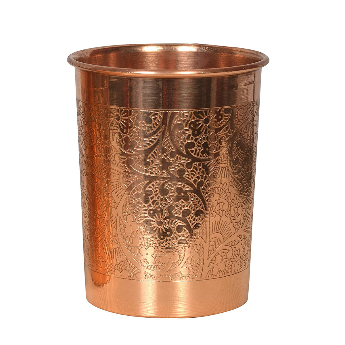 Copper Embossed Glass with Lid - Pack of 2 300ml Ayurvedic Health Benefits Boosts Immunity Digestion Tamba Glass Set