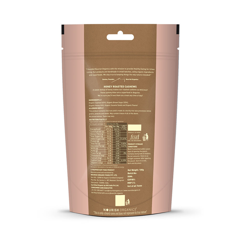 Nourish Organics Honey Roasted Cashews 100g
