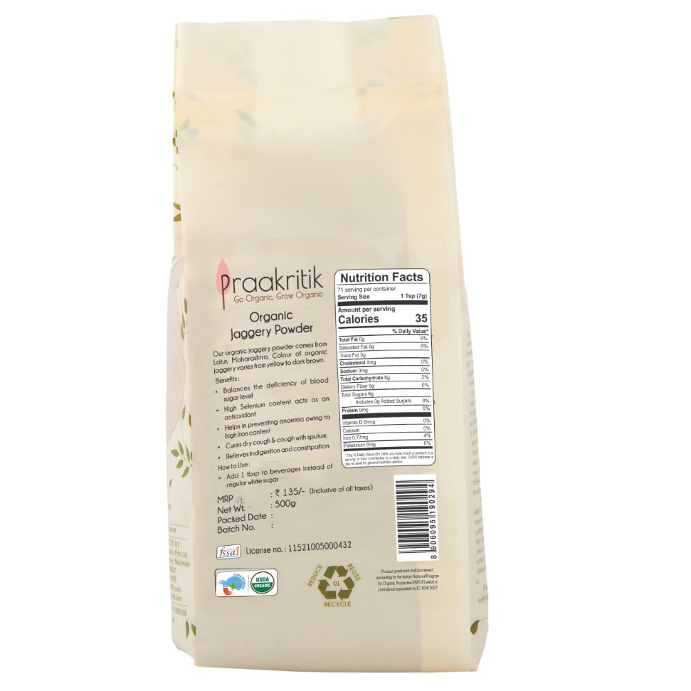 Praakritik Organic Jaggery Powder Healthy Sugar Substitute  Certified Organic  Chemical Free500Gm