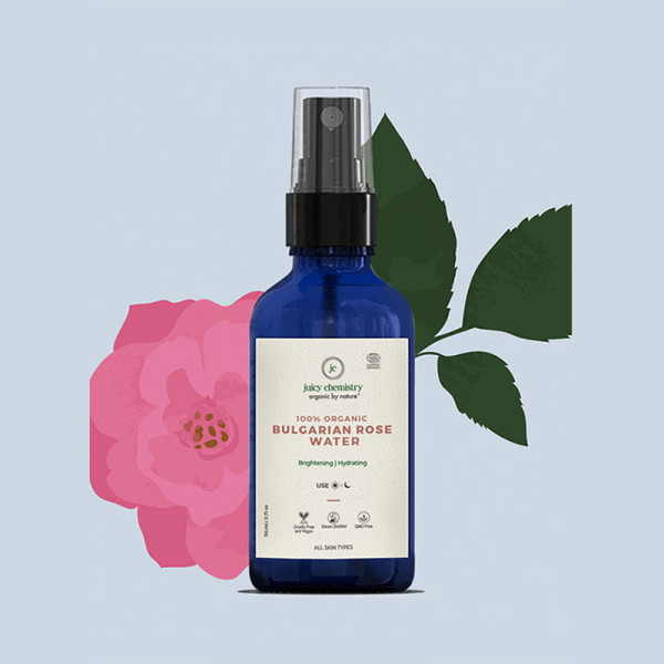 Image of Juicy Chemistry Rose Water Face Toner for Glowing, Brighter and Hydrated Skin - Made with Bulgarian Damask Roses, 110 ml - Clinically Tested & 100% Certified Organic (Mist Spray)
