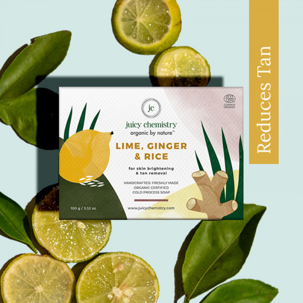 Image of Juicy Chemistry Lime, Ginger & Rice Soap, 100 g | Organic Cold-processed, Handmade Face & Body Soap for Tan Removal & Skin Brightening | Ecocert Certified Organic for Men & Women | Cruelty-free & 100% Vegan