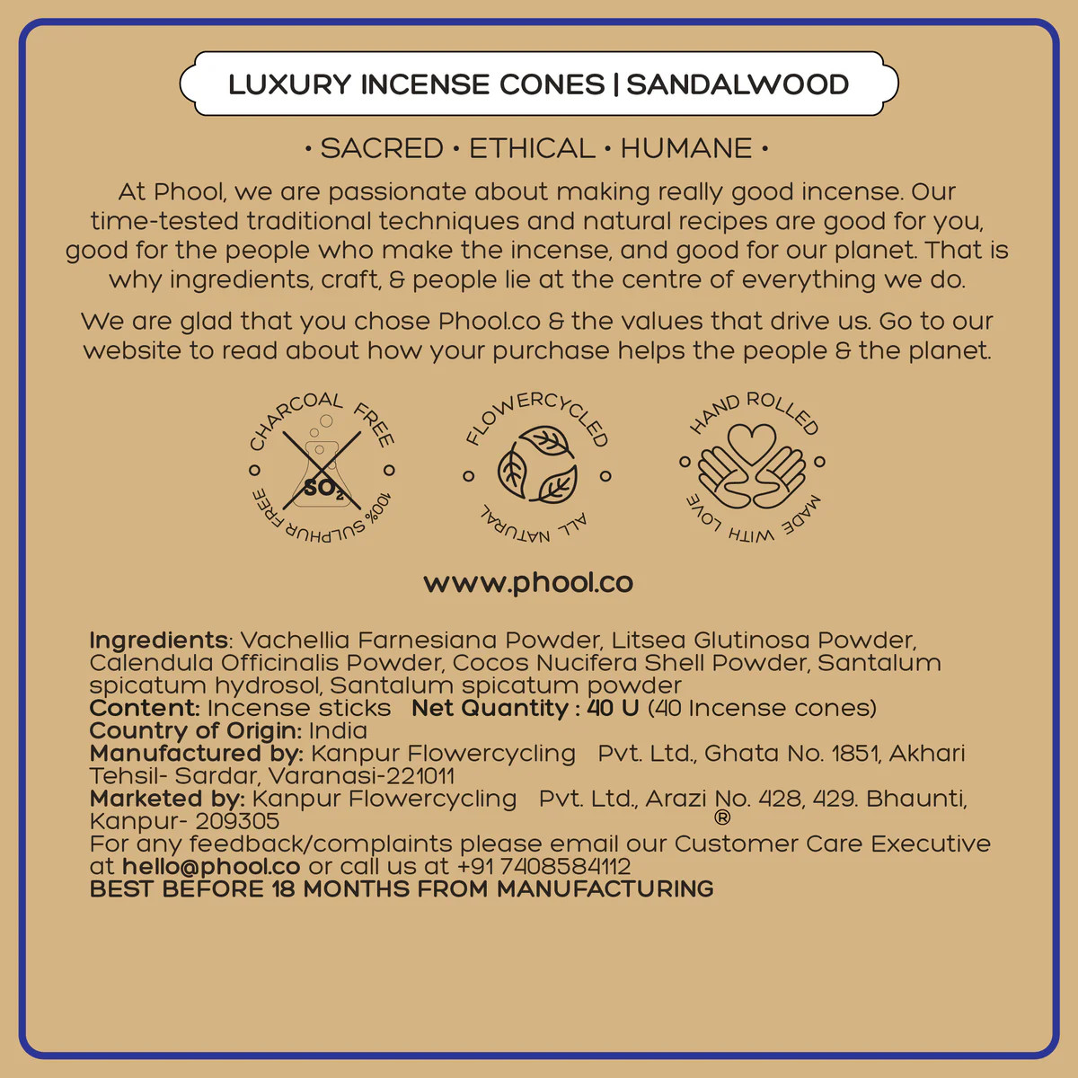 Phool Kvt Sandalwood Incense Cones - 40 U