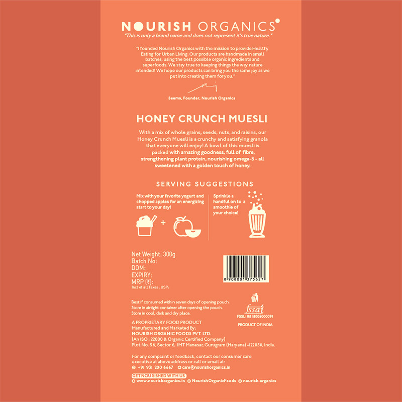 Nourish Organics Honey Crunch Muesli 300g Whole-Grains Cashews Almonds Raisins