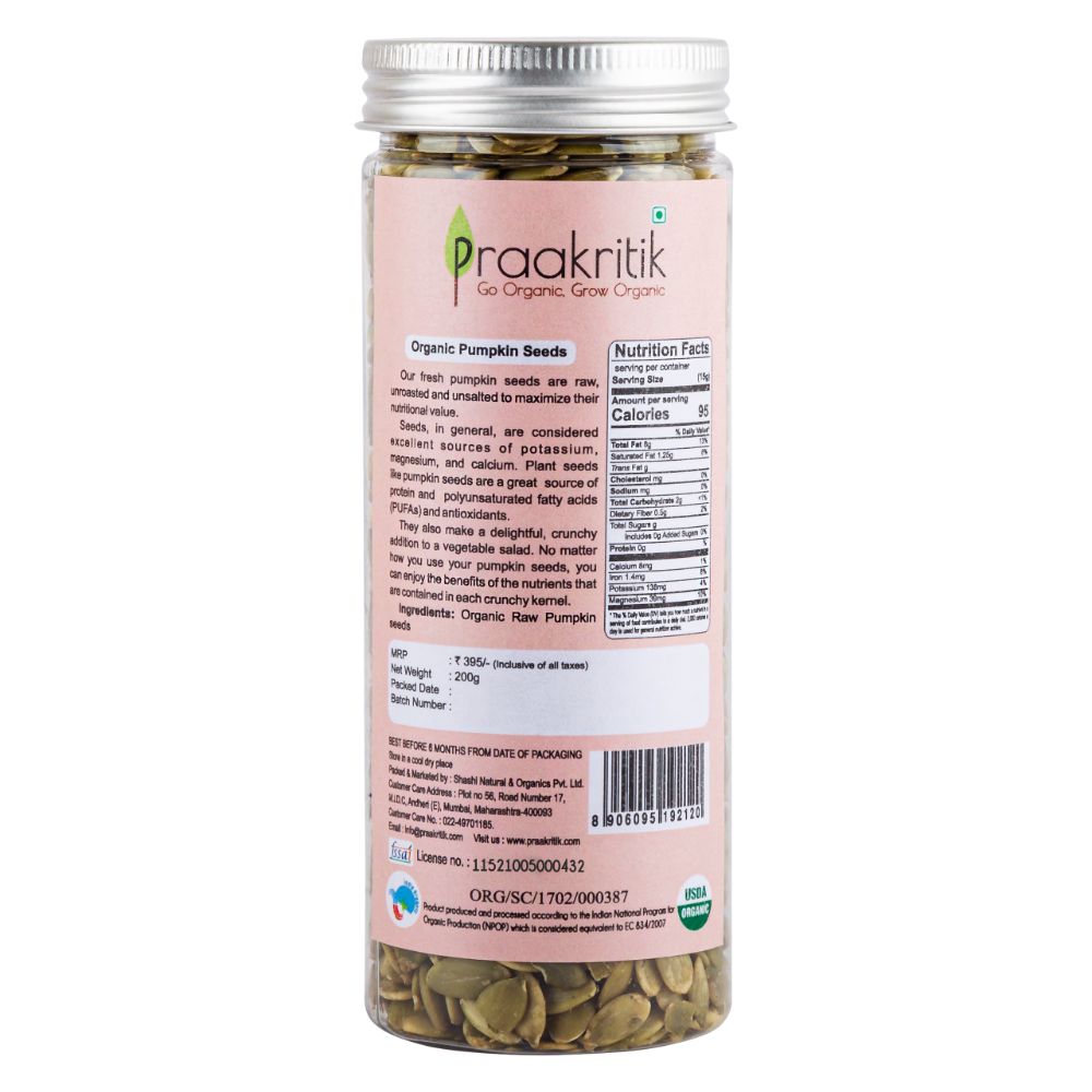 Praakritik Raw Pumpkin Seeds Organic Edible Raw Seeds Organic and Crunchy Pumpkin Seeds for Eating Single Pack Certified Organic 200Gm