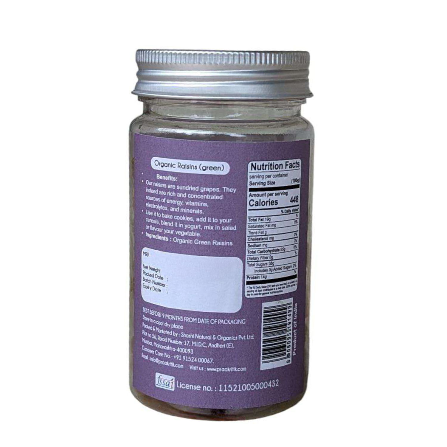 Praakritik Organic Green Raisins - 100 Gm