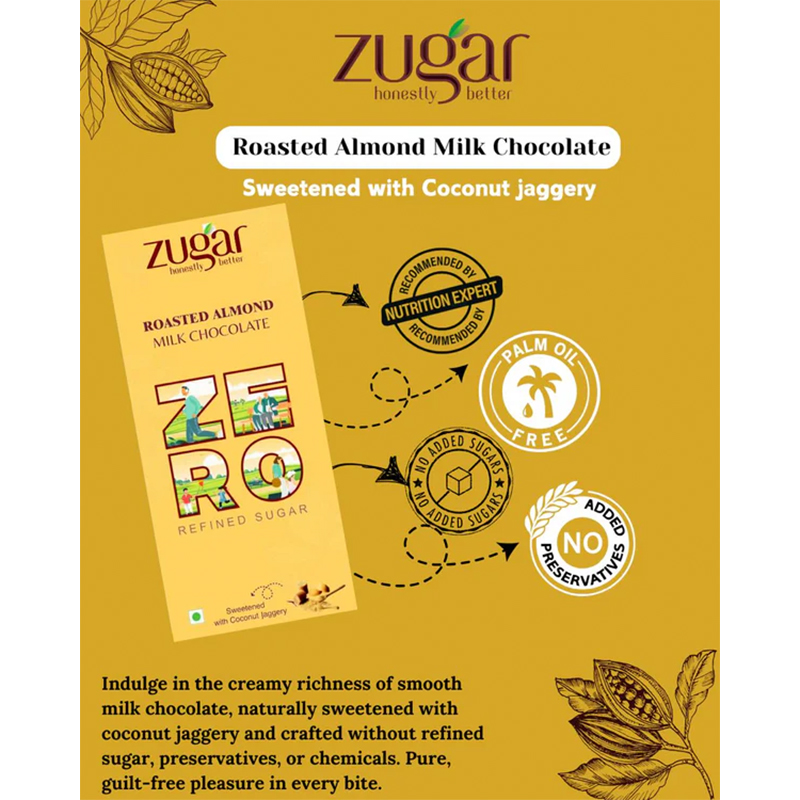 Zugar Roasted Almond Milk Chocolate 20g Zero Refined Sugar