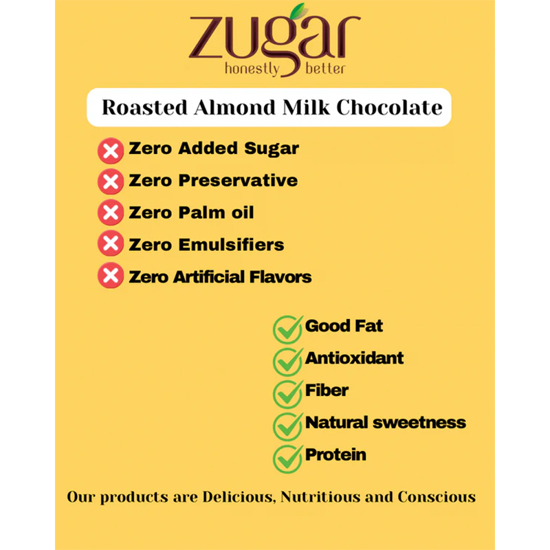 Zugar Roasted Almond Milk Chocolate 20g  Zero Refined Sugar
