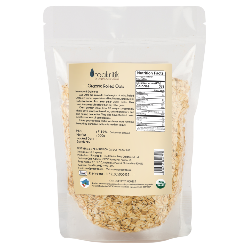 Praakritik Organic Rolled Oats  Gluten Free Oats Healthy Breakfast Cereal  Diet Food for Weight Loss  High in Protein  Fibre  500Gm