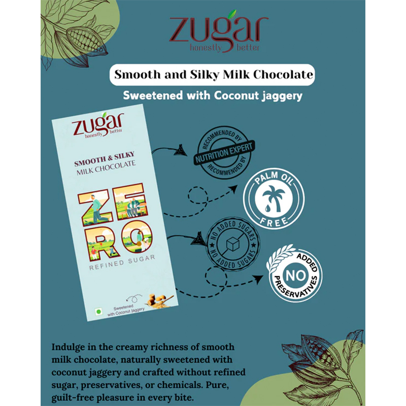 Zugar Smooth  Silky Milk Chocolate 45g  Zero Refined Sugar