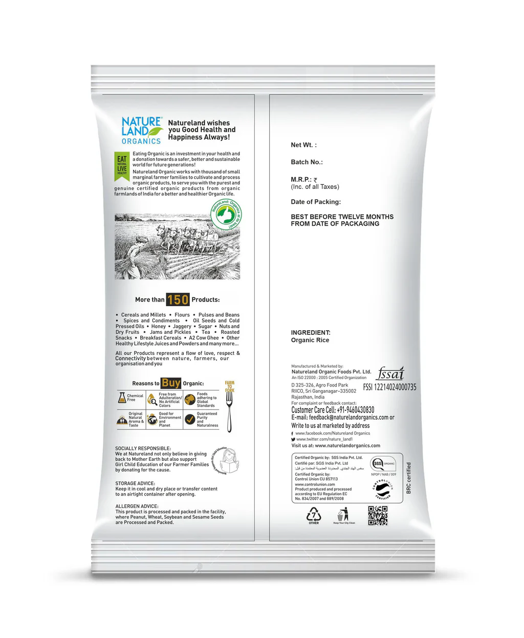 Natureland Sona Masoori Rice - 1 Kg Premium and Organic
